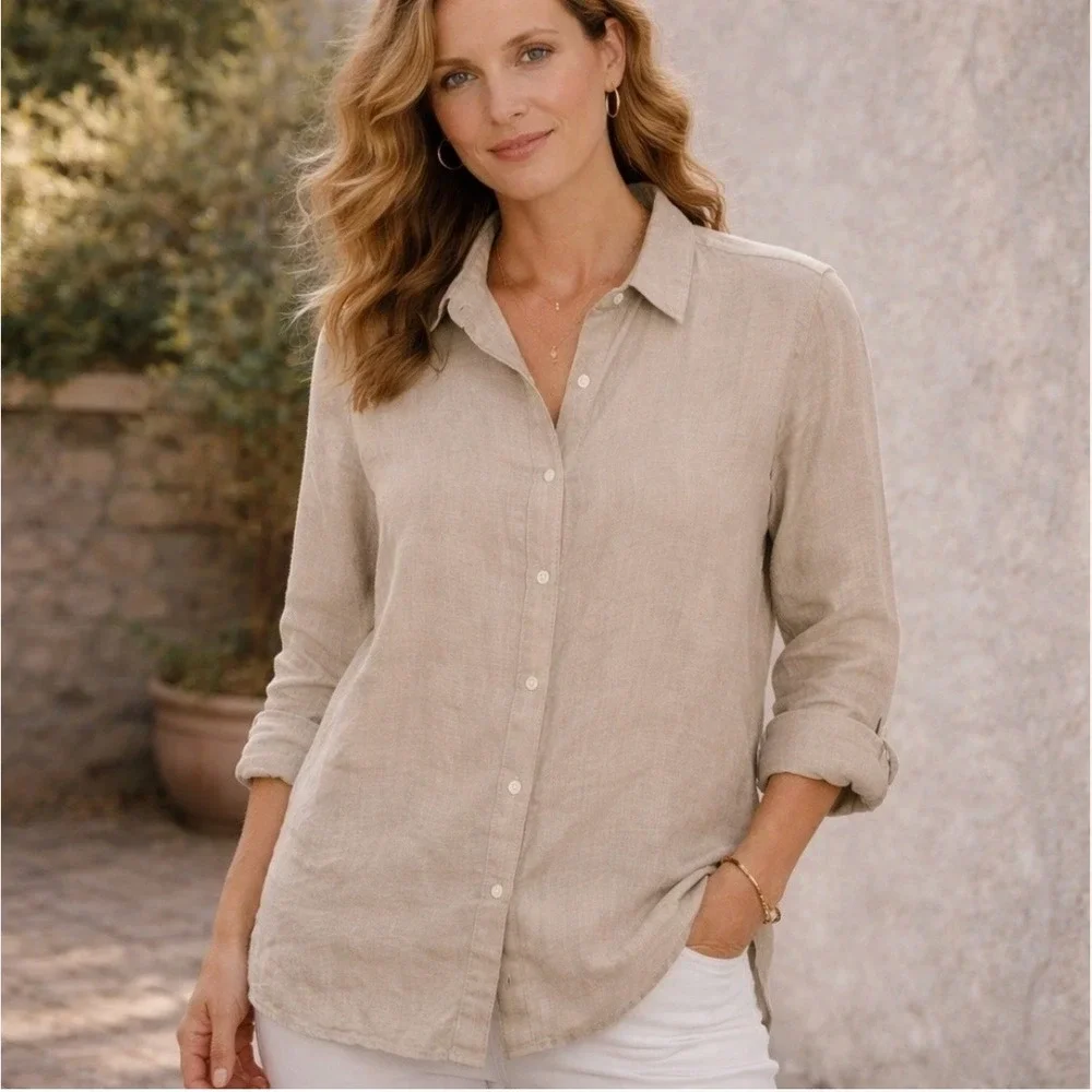 J. Jill Love Linen Button Down L Beige Coastal Minimalist Oversize Long Sleeve - Picture 1 of 13